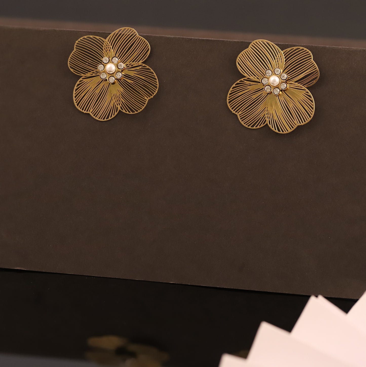 Filigree Gold Flower Stud Earrings with Pearl & Crystal Center - Elegant Floral Jewelry