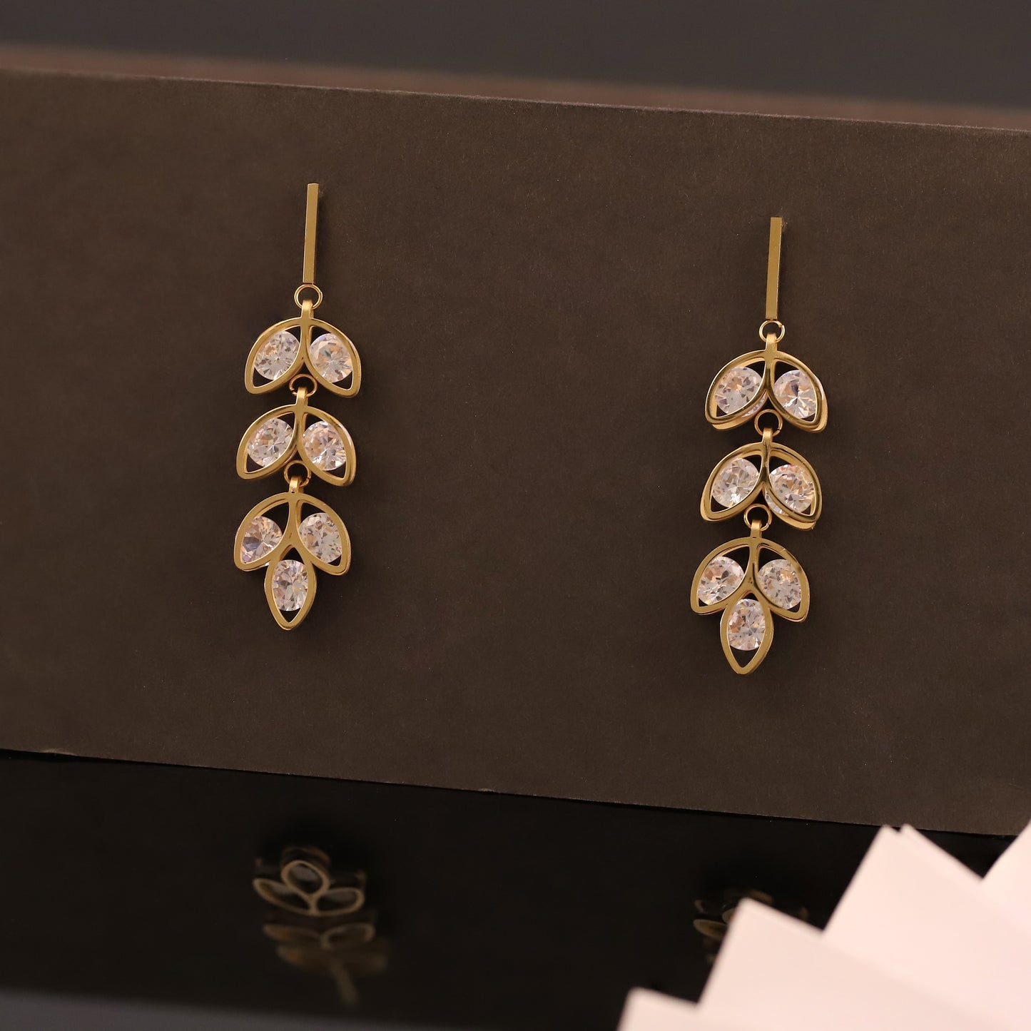 Golden Leaf Drop Earrings with Sparkling Cubic Zirconia - Elegant Women's Jewelry