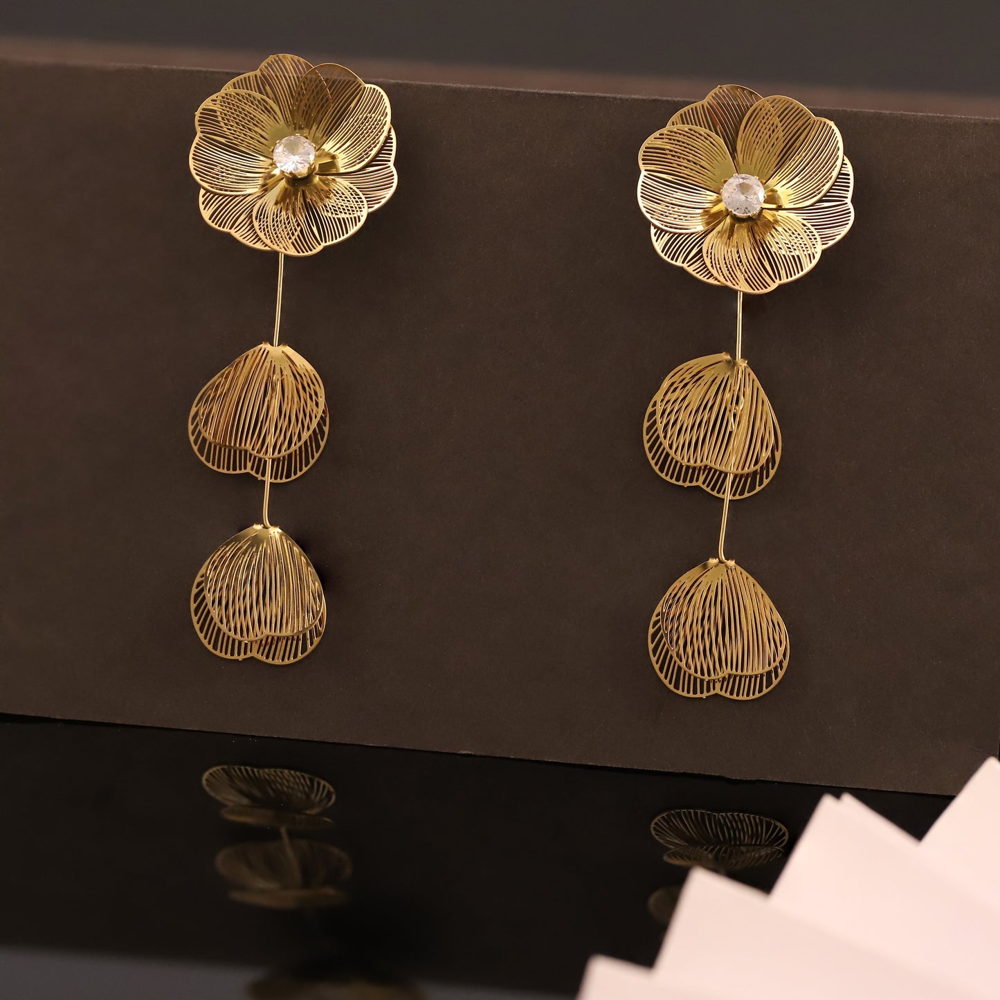 Golden Floral Drop Earrings with Openwork Petals and Central Stone - Elegant Women's Fashion Jewelry