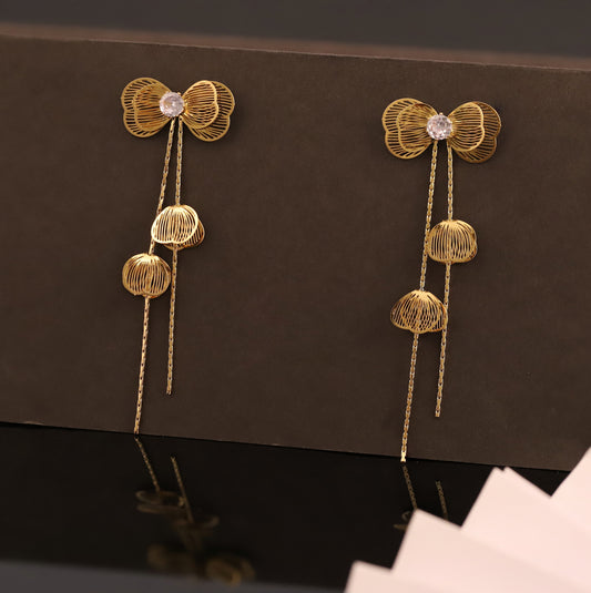 Golden Bow and Geometric Charm Drop Earrings with Delicate Chains - Modern Women's Jewelry