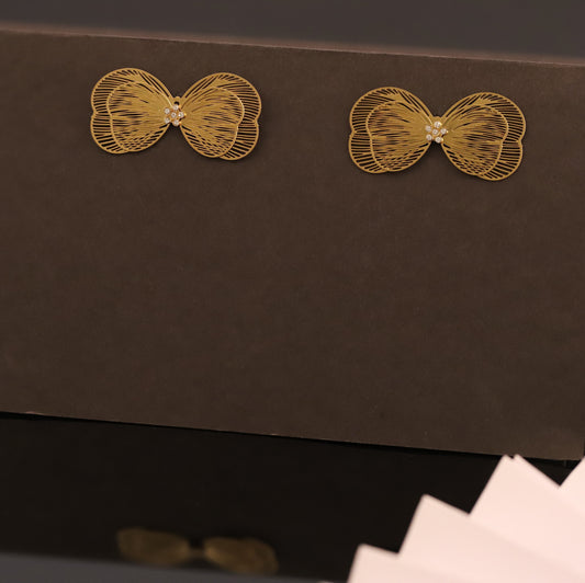 Gold Openwork Bow Stud Earrings with CZ Accents - Delicate Ribbon Jewelry