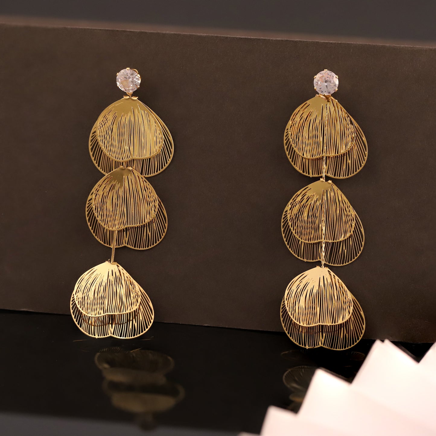 Golden Tiered Petal Drop Earrings with Sparkling Studs - Elegant Women's Fashion Jewelry