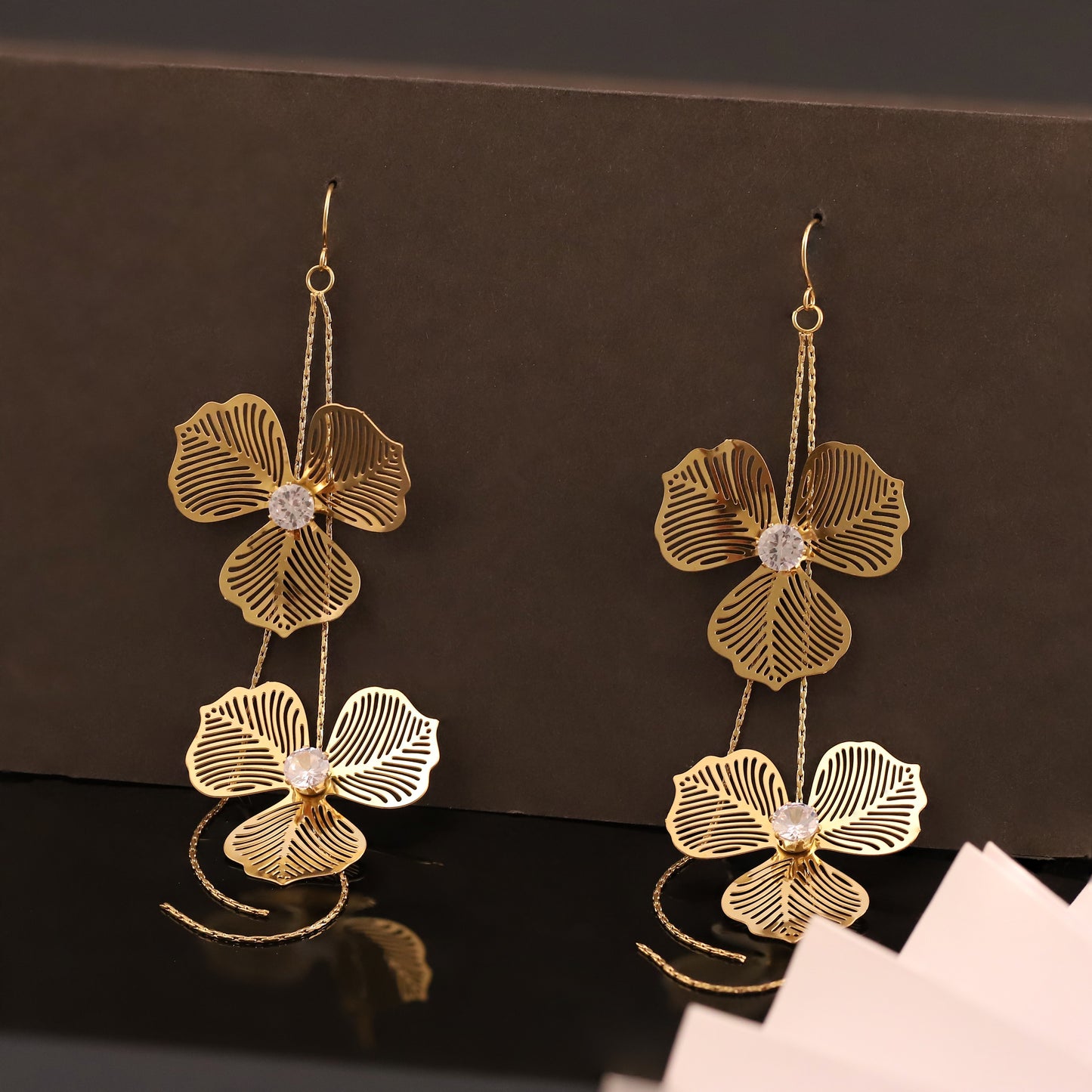 Golden Double Flower Drop Earrings with Sparkling Centers and Delicate Chains - Elegant Women's Jewelry