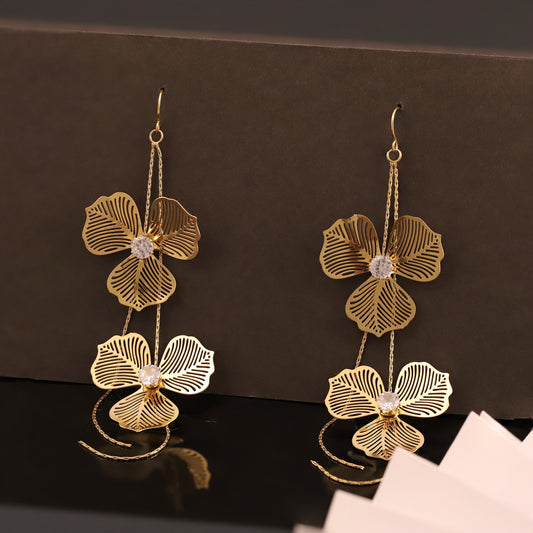 Golden Double Flower Drop Earrings with Sparkling Centers and Delicate Chains - Elegant Women's Jewelry