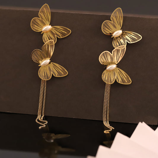 Golden Double Butterfly Drop Earrings with Pearl Accents and Chain Tassels - Chic Women's Jewelry