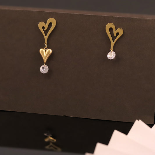 Asymmetrical Gold Heart Drop Earrings with Sparkling Crystal - Unique Love Jewelry