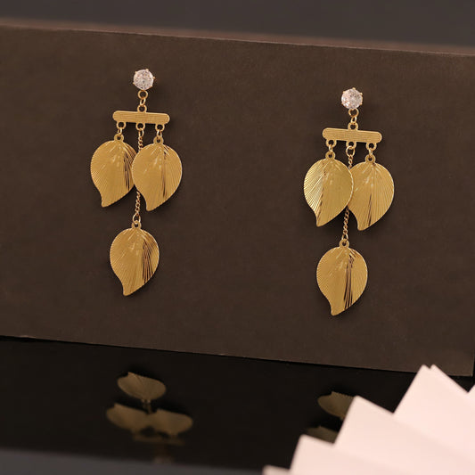Elegant Gold Leaf Drop Earrings with Crystal Accent - Nature Inspired Dangle Earrings