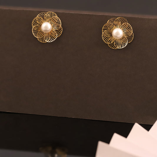 Floral Pearl Stud Earrings - Gold Flower Earrings with Pearl Center - Delicate Jewelry for Her