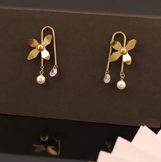 Whimsical Gold Flower Drop Earrings with Pearl & Crystal Dangles - Unique Floral Jewelry