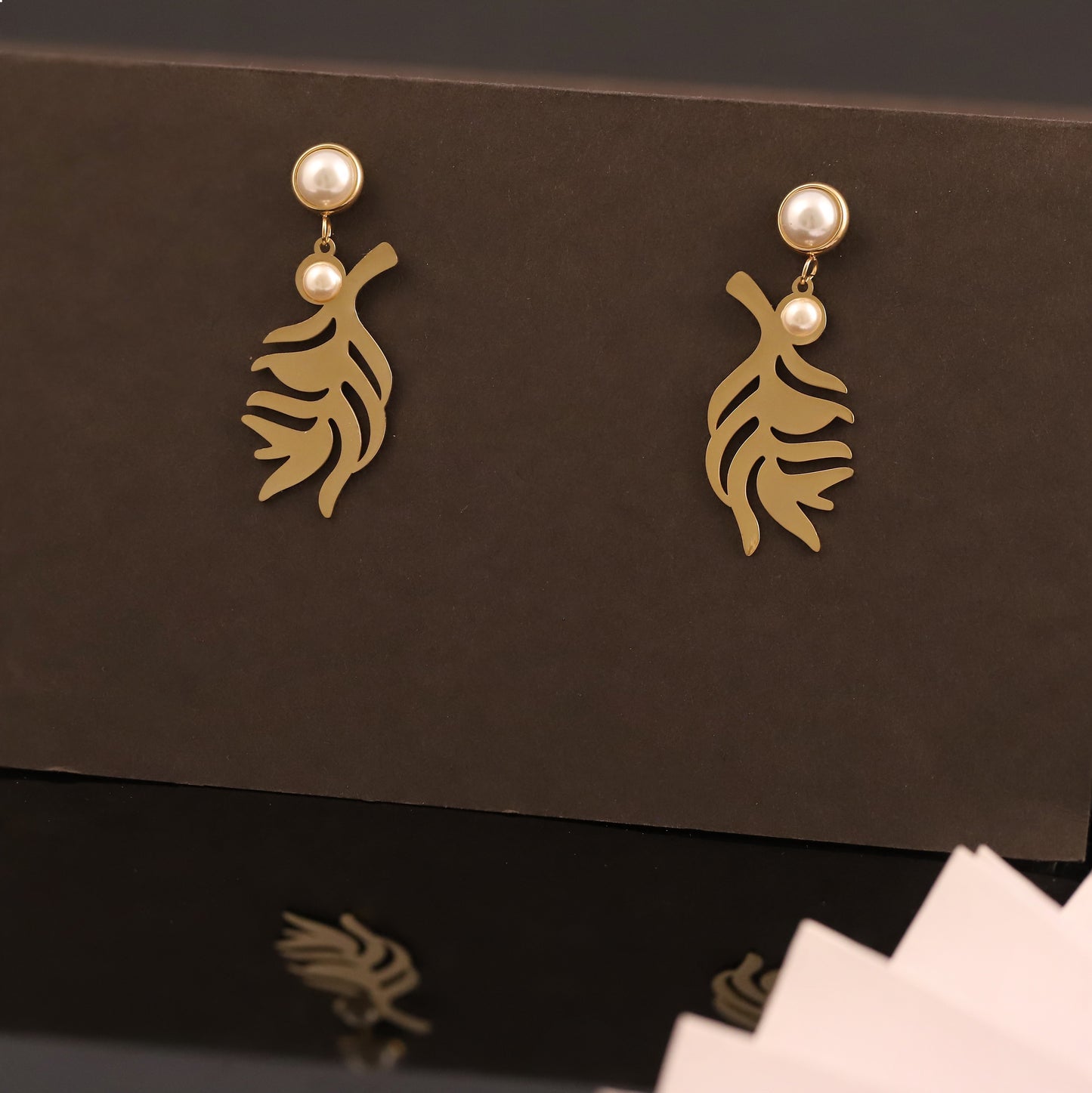 Artistic Gold Leaf & Pearl Drop Earrings - Nature-Inspired Dangle Jewelry