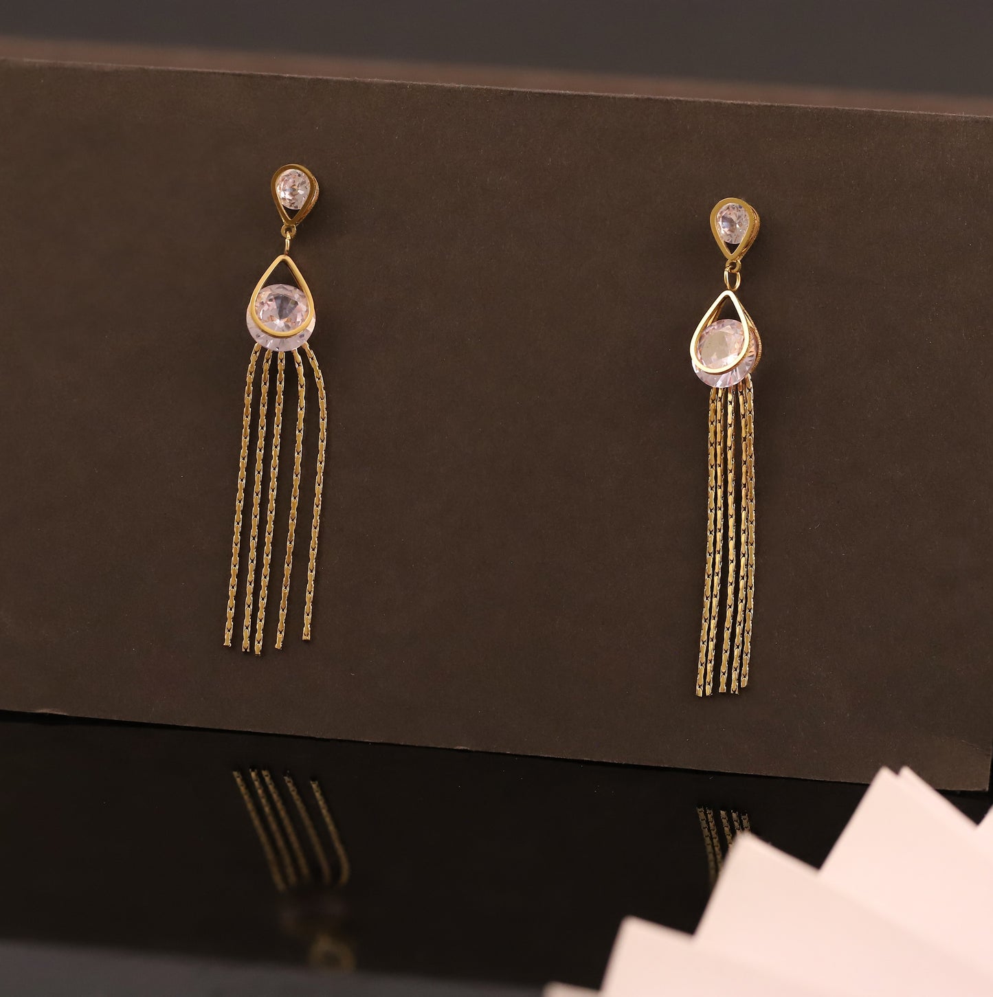 Elegant Gold Teardrop Earrings with Crystal Accent and Chain Tassels | Dangle Earrings for Women