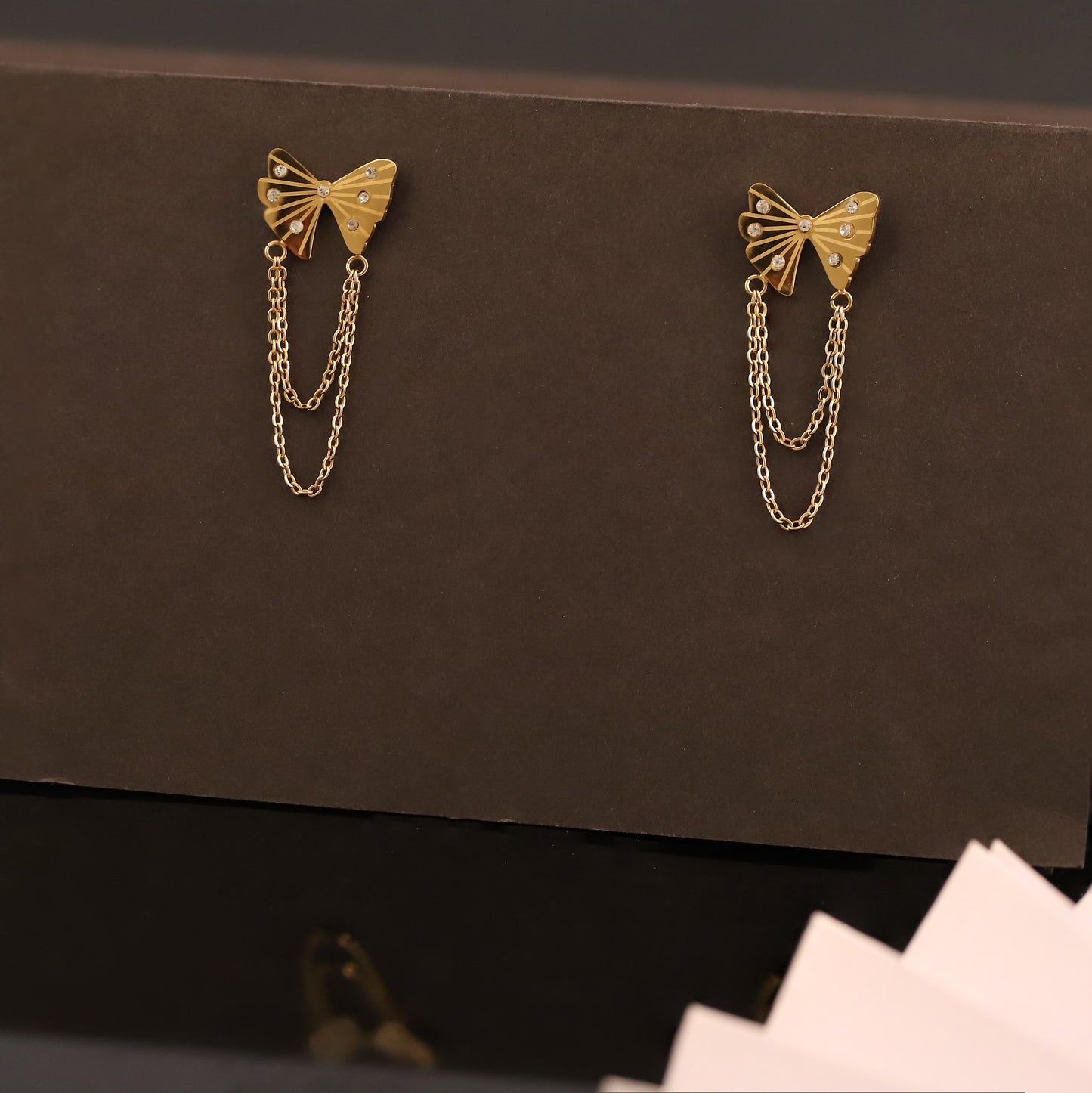 Gold Bow Earrings with Chain Dangles - Sparkling Cute Ribbon Jewelry for Women
