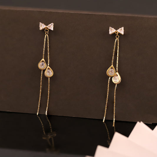 Golden Bow Stud Earrings with Teardrop Dangles and Chain Tassels - Elegant Women's Jewelry