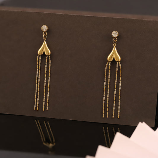 Delicate Gold Heart Drop Earrings with Crystal Accent & Chain Tassels