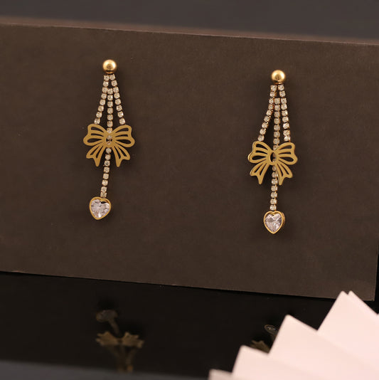 Gold Bow & Heart Dangle Earrings with Crystal Accents