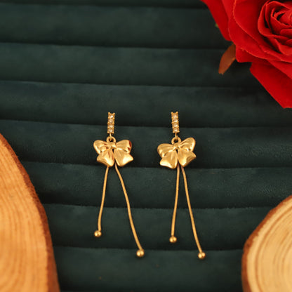Elegant Gold Bow Tassel Drop Earrings