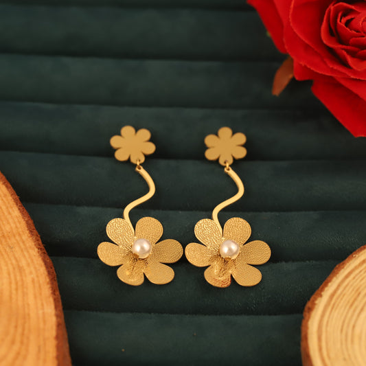 Unique Gold Flower & Pearl Dangle Earrings