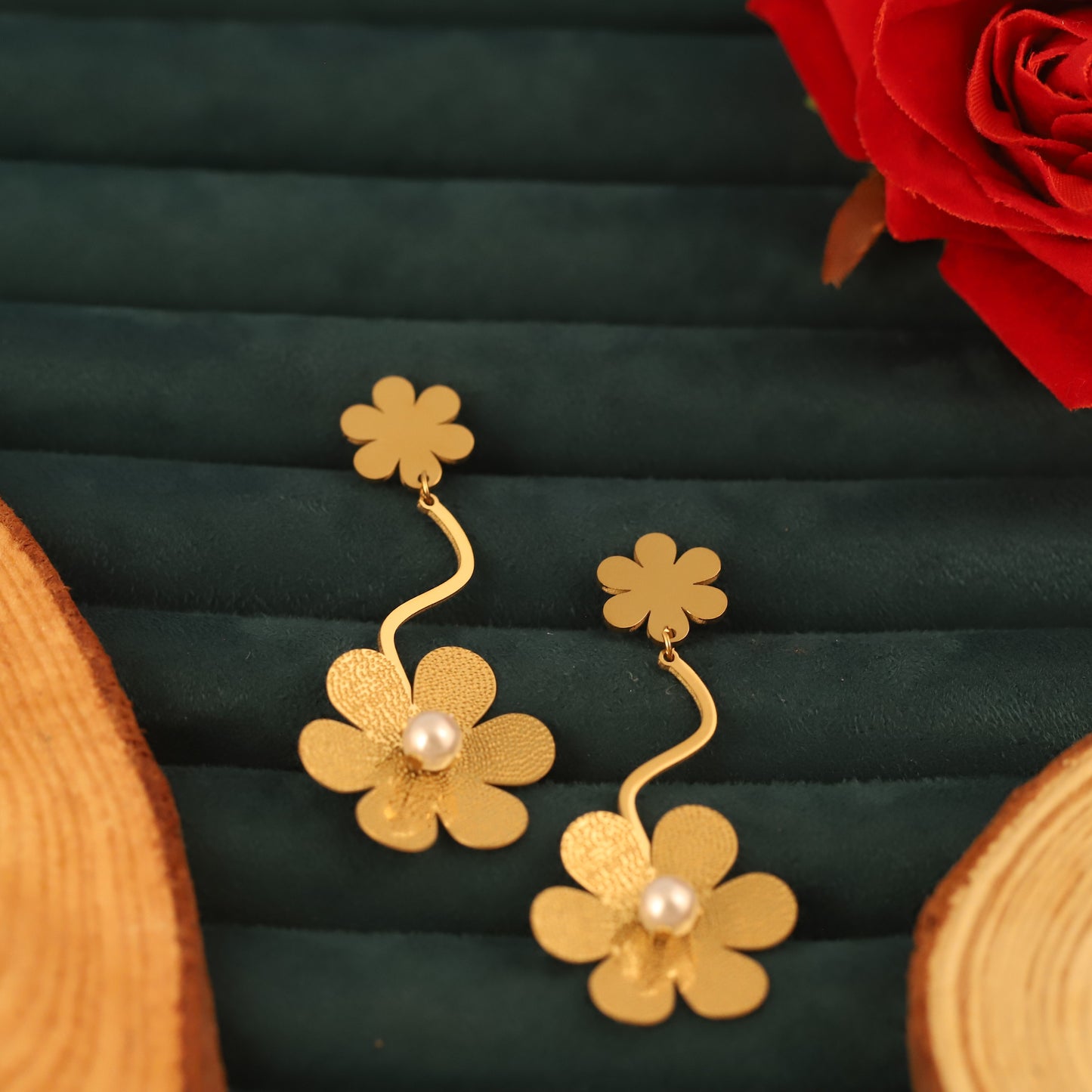 Unique Gold Flower & Pearl Dangle Earrings