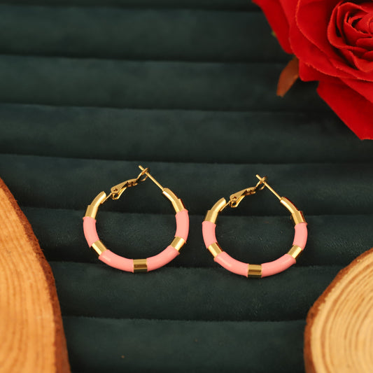 Chic Gold & Pink Enamel Hoop Earrings