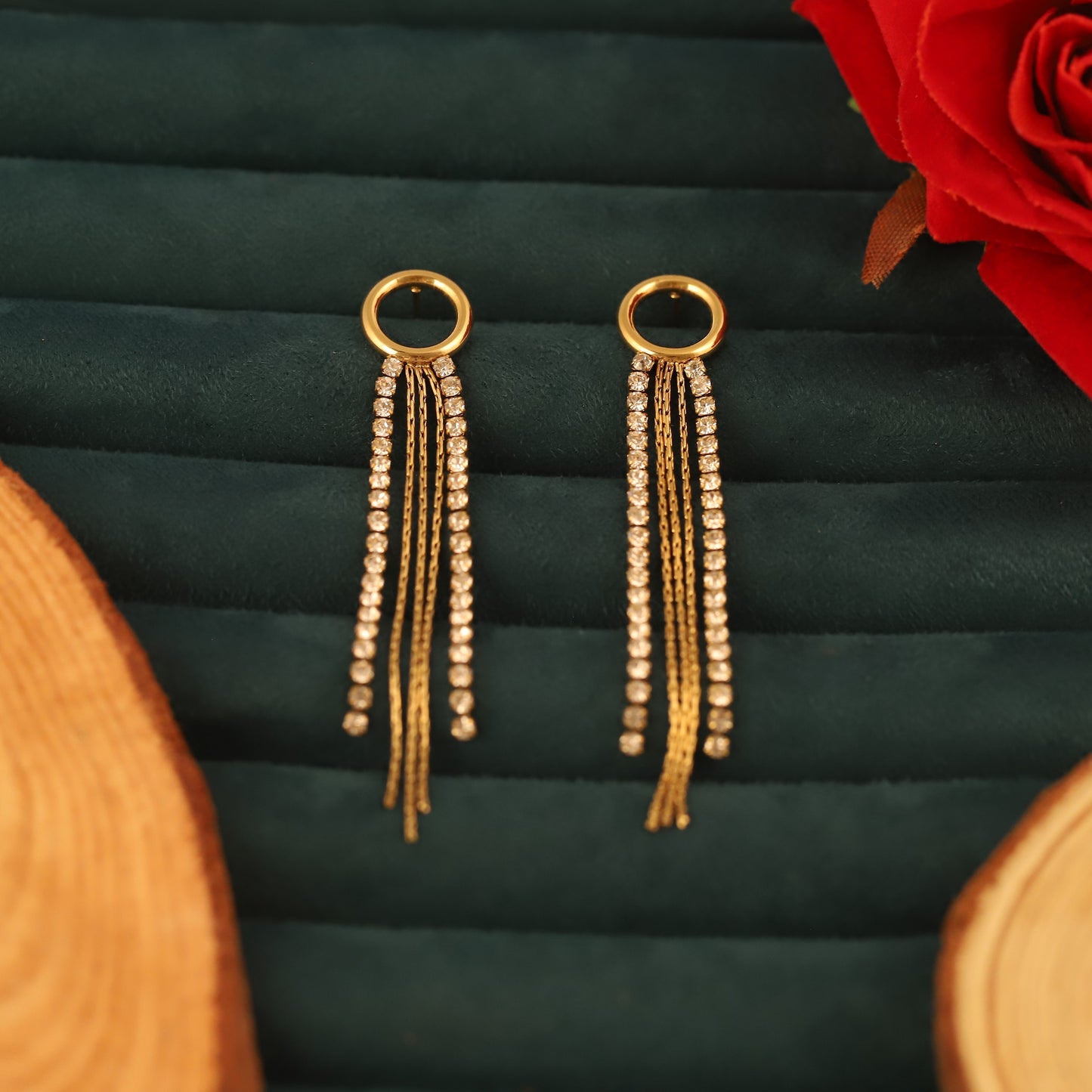 Sparkling Gold Crystal Tassel Drop Earrings