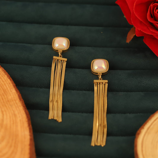 Gold & White Shell Flower Pearl Drop Earrings