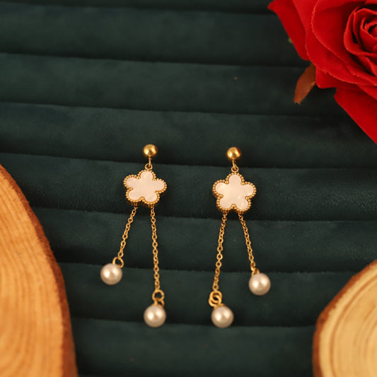 Elegant Gold Plated Cloud/Flower & Pearl Dangle Earrings