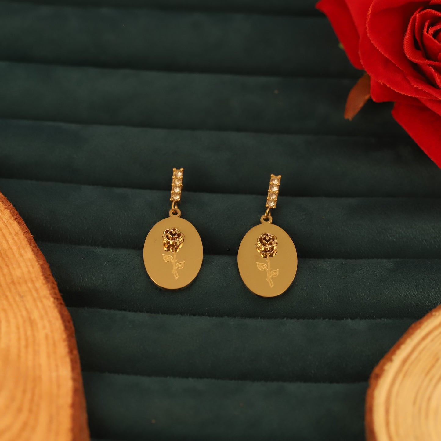 Dainty Gold Rose Oval Dangle Earrings