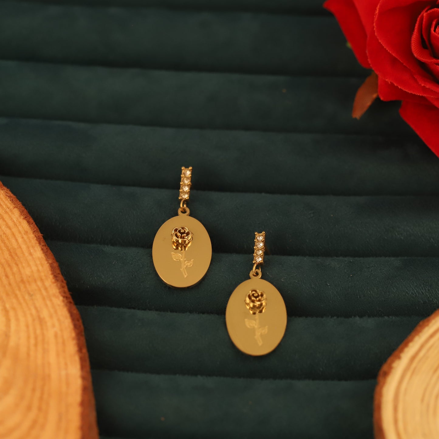 Dainty Gold Rose Oval Dangle Earrings