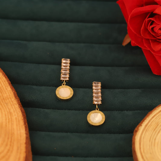 Modern Gold Drop Earrings with Crystal Bar & Mother of Pearl Inlay