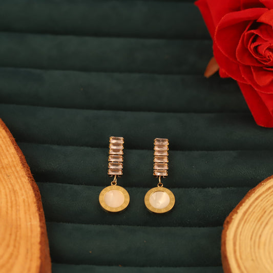Modern Gold Drop Earrings with Crystal Bar & Mother of Pearl Inlay