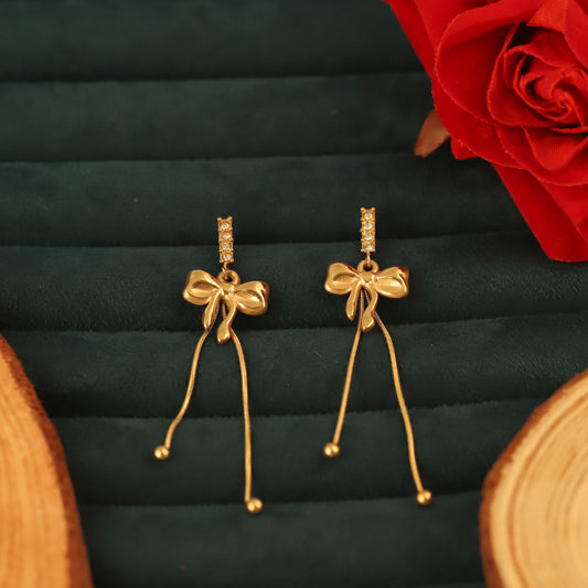 Elegant Gold Bow Tassel Drop Earrings with Crystal