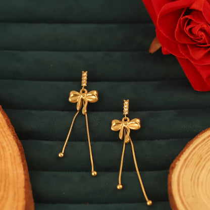 Elegant Gold Bow Tassel Drop Earrings with Crystal