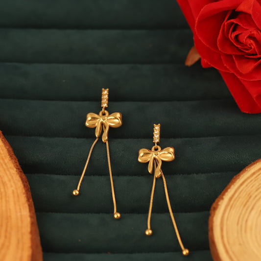 Elegant Gold Bow Tassel Drop Earrings with Crystal