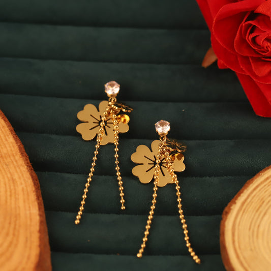 Gold Flower Tassel Dangle Earrings - Crystal Top & Beaded Chains