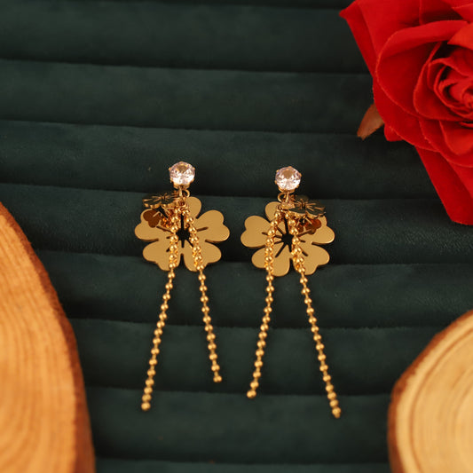Gold Flower Tassel Dangle Earrings - Crystal Top & Beaded Chains