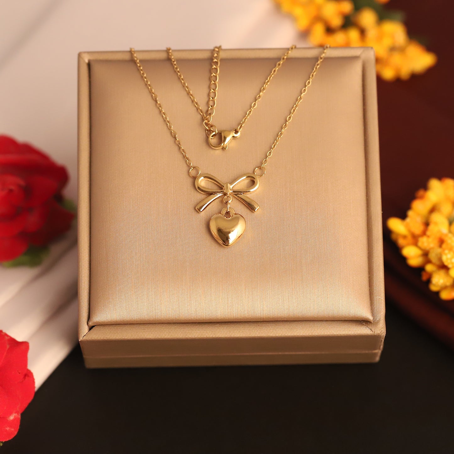 Dainty 22K Gold Plated Stainless Steel Heart Bow Pendant