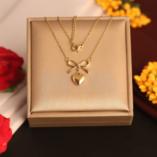 Dainty 22K Gold Plated Stainless Steel Heart Bow Pendant