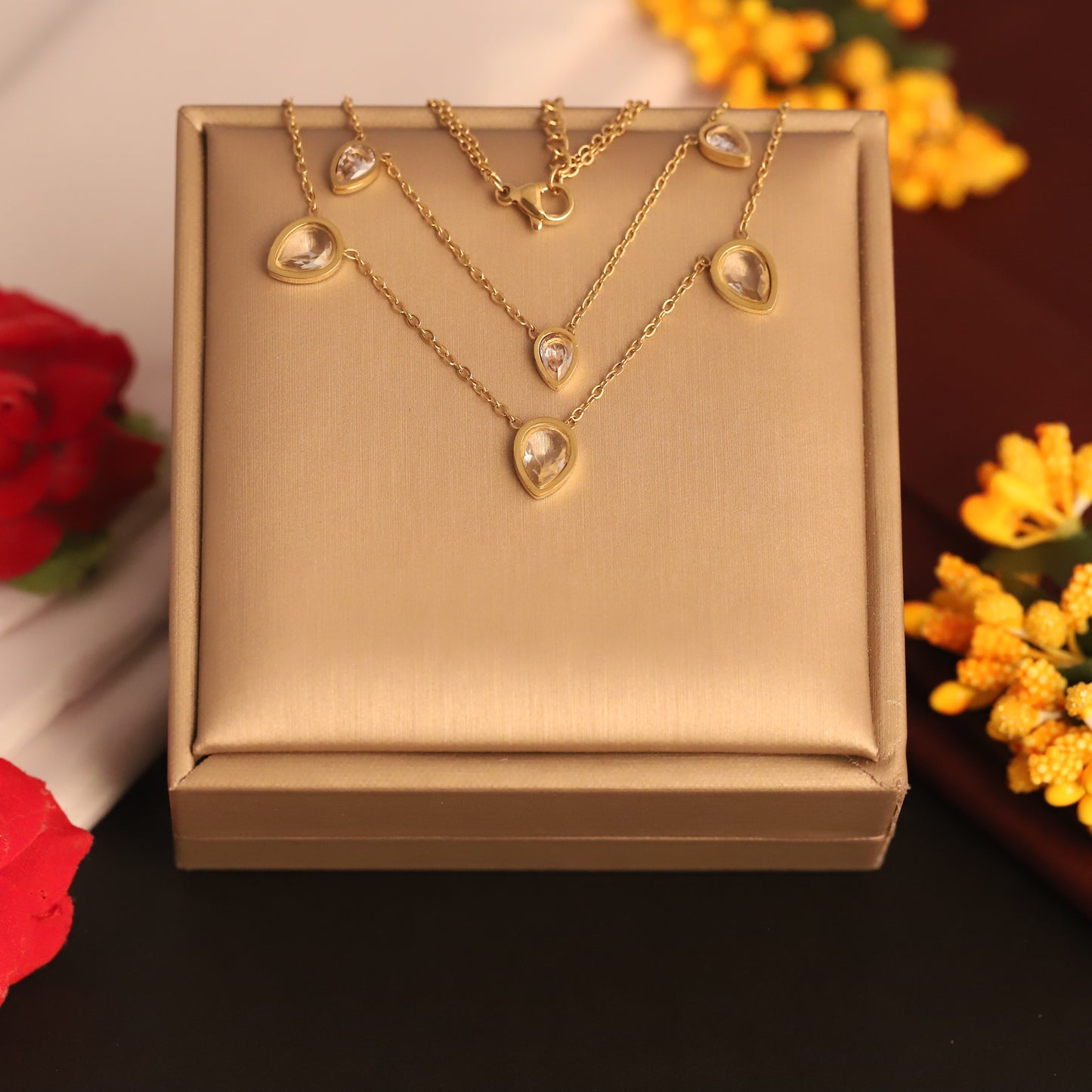 Waterproof 22K Gold Plated Stainless Steel Two-Layer White Stone Pendant