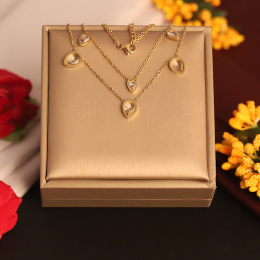 Waterproof 22K Gold Plated Stainless Steel Two-Layer White Stone Pendant