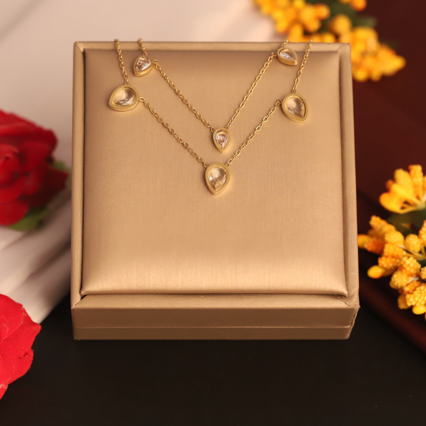 Waterproof 22K Gold Plated Stainless Steel Two-Layer White Stone Pendant