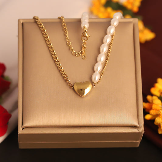 Dainty 22K Gold Plated Stainless Steel Heart Pendant with Dual Pearl  Chain