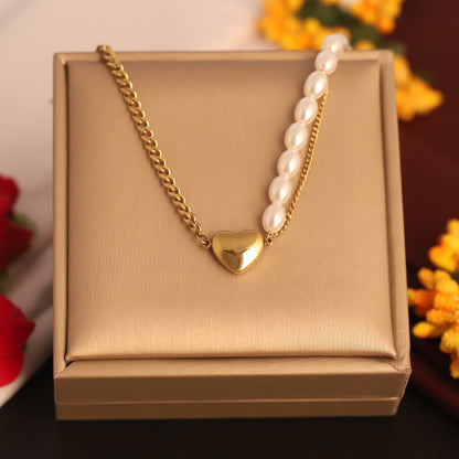 Dainty 22K Gold Plated Stainless Steel Heart Pendant with Dual Pearl  Chain