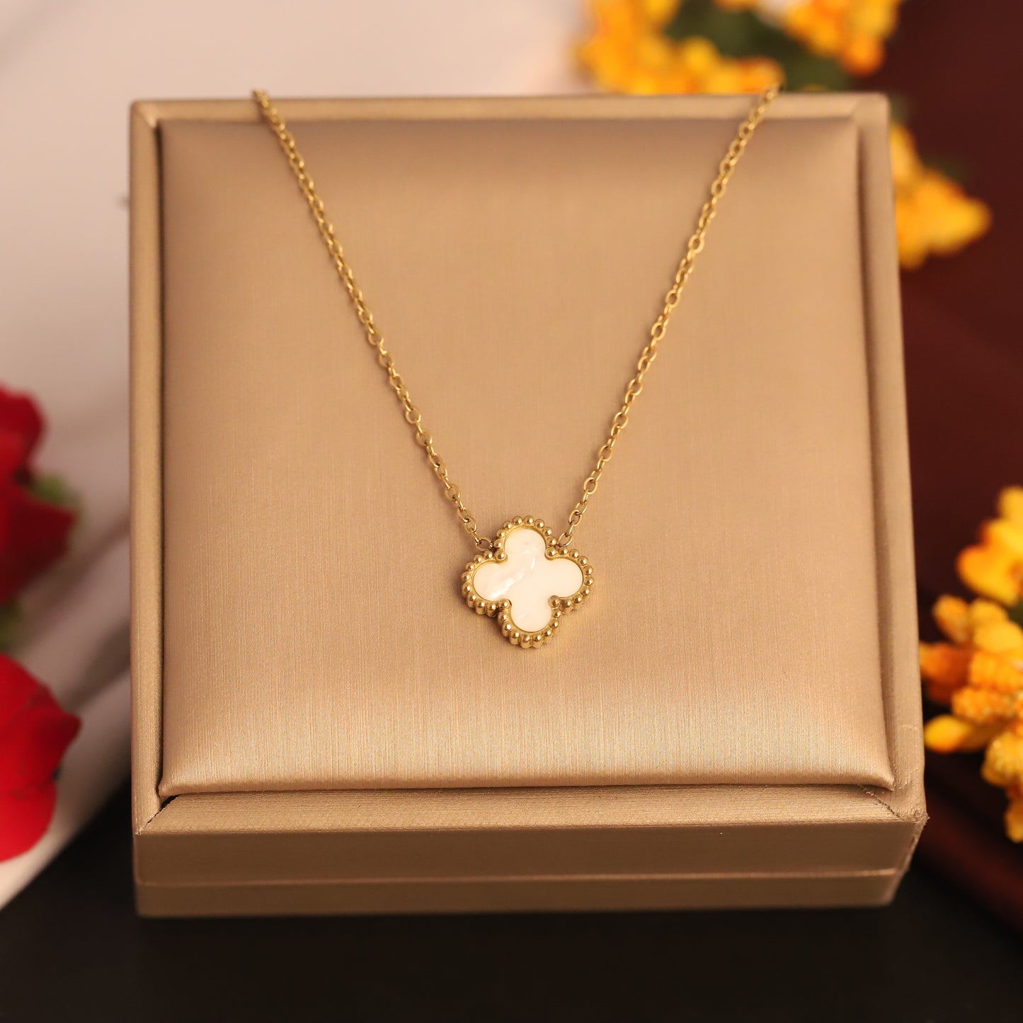 22K Gold Plated White Clover Butterfly Necklace | Waterproof Stainless Steel