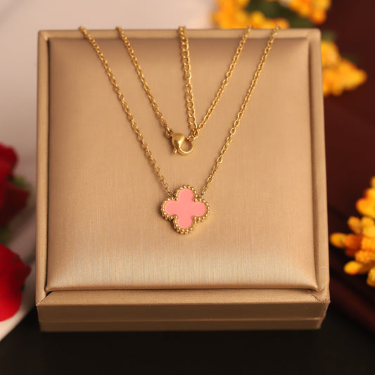 Trending 22K Gold Plated Waterproof Pink Clover & Butterfly Necklace - Adjustable & Durable