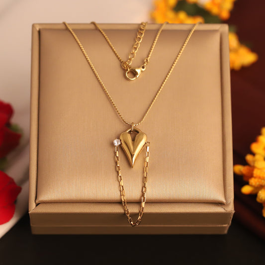 Dainty 22K Gold Plated Stainless Steel Heart & Dangle Chain Pendant