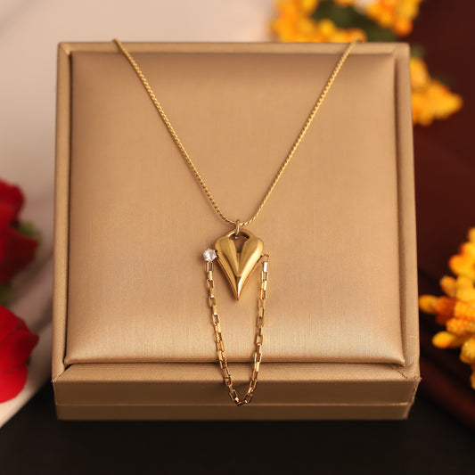 Dainty 22K Gold Plated Stainless Steel Heart & Dangle Chain Pendant