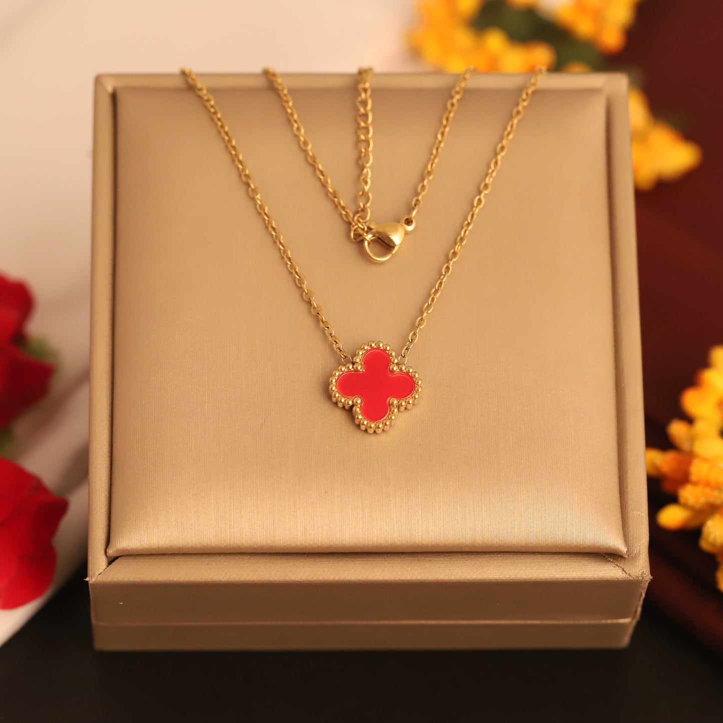 22K Gold Plated Red Clover Butterfly Necklace | Waterproof Stainless Steel