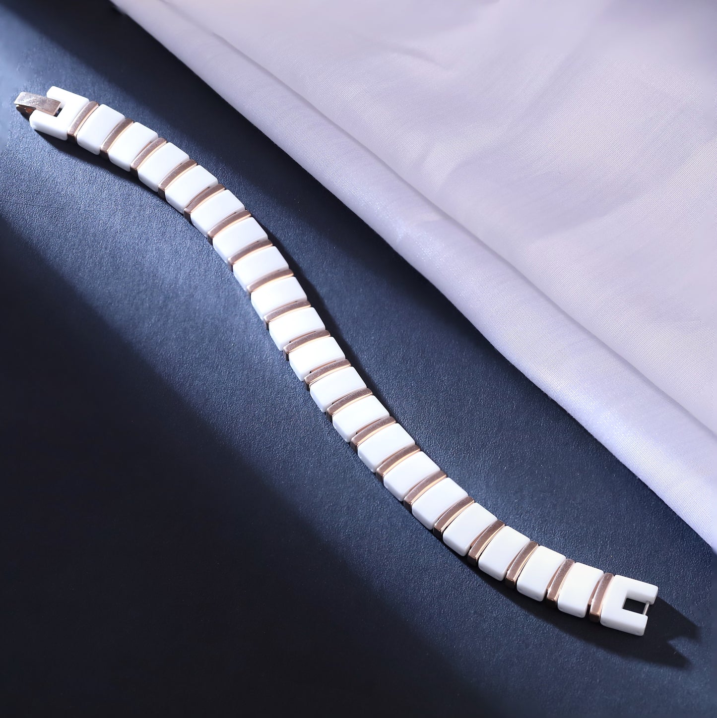 Men White Ceramic and Rose Gold Link Bracelet - Modern Minimalist Jewelry