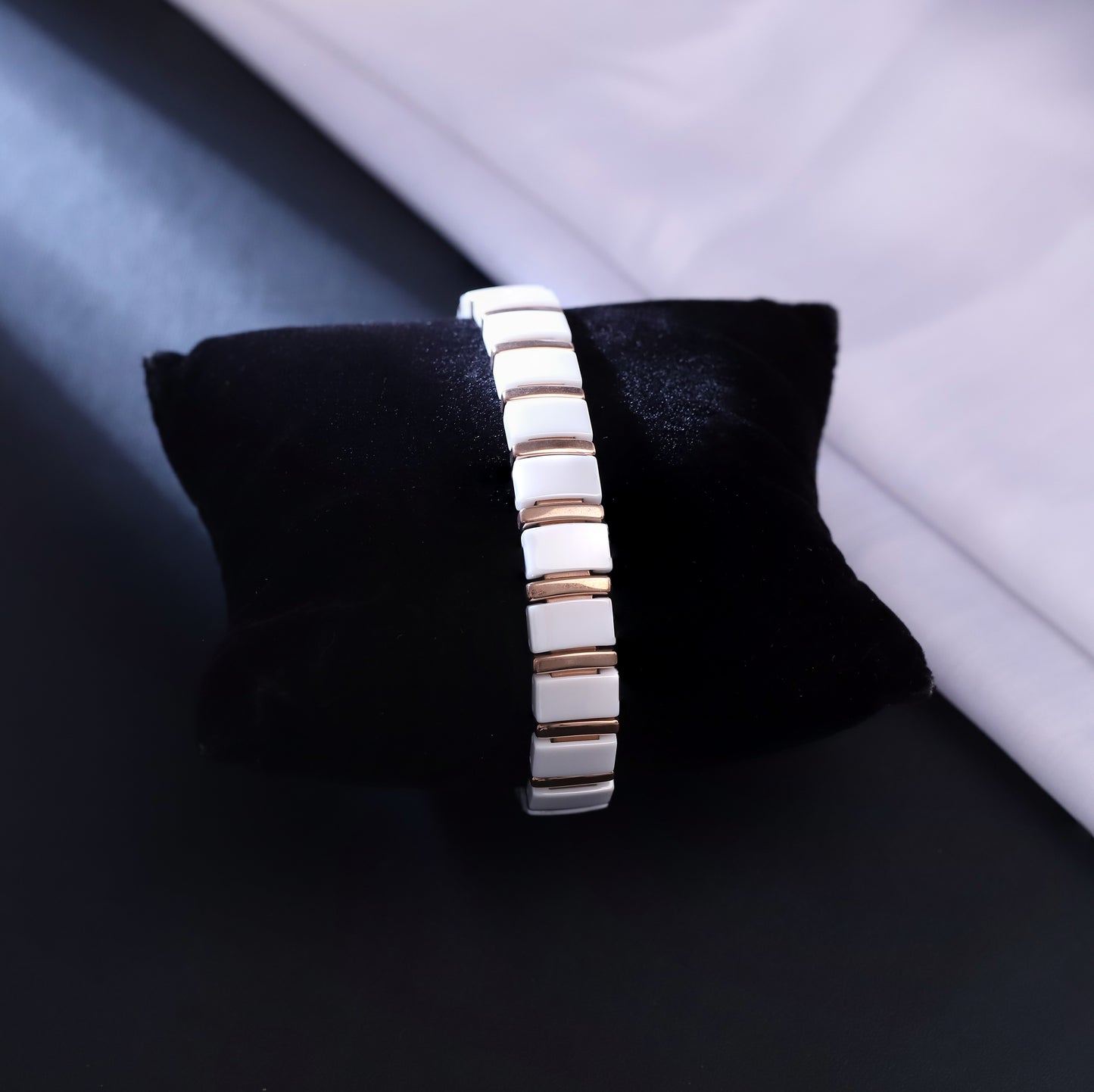 Men White Ceramic and Rose Gold Link Bracelet - Modern Minimalist Jewelry