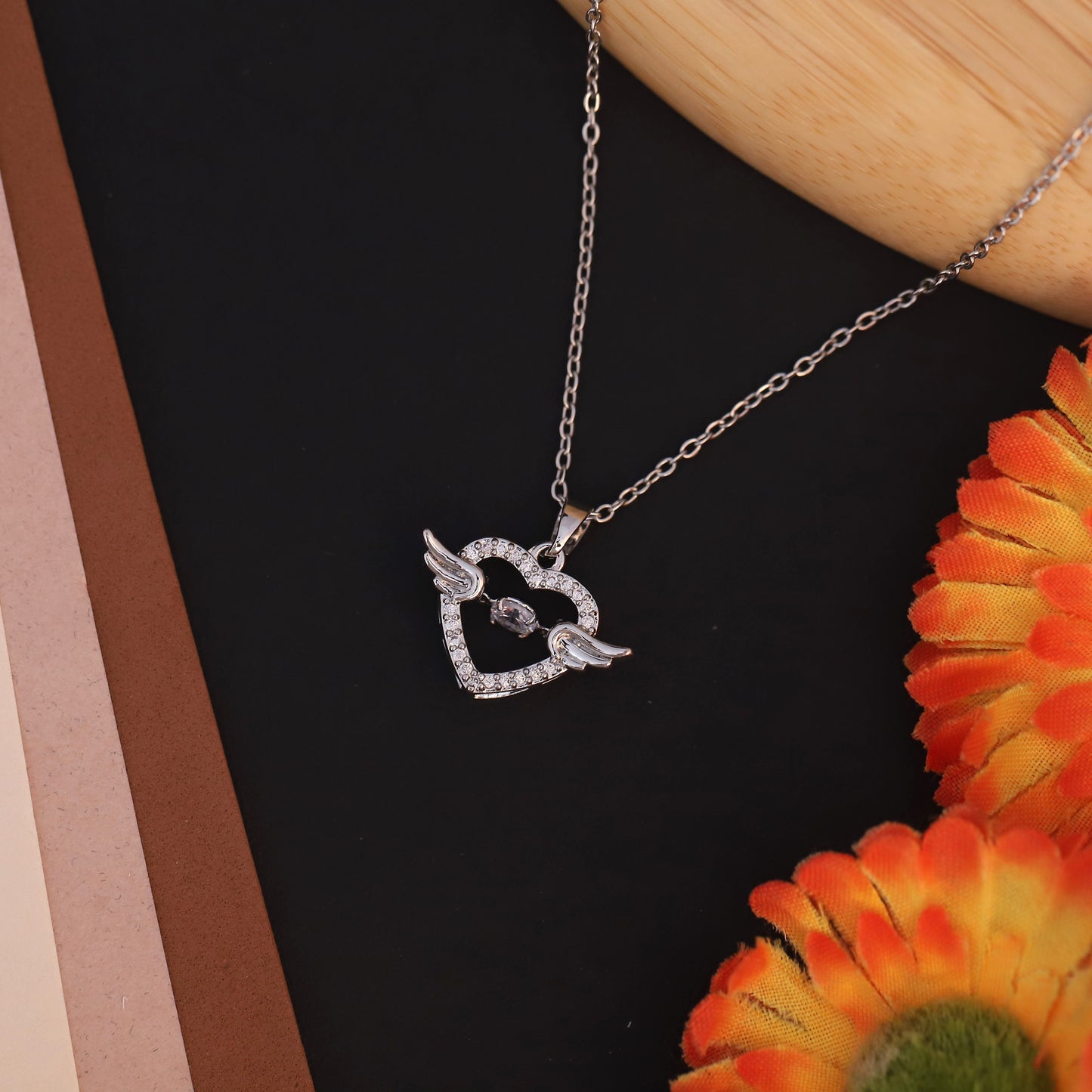 Silver Plated Stainless Steel Heart & Stone  Pendant